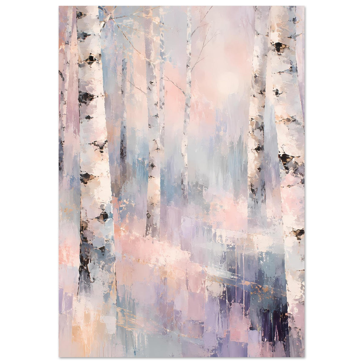 Hochkant-Wandposter mit Birkenwald-Gemälde in Rosa-, Blau- und Lilatönen