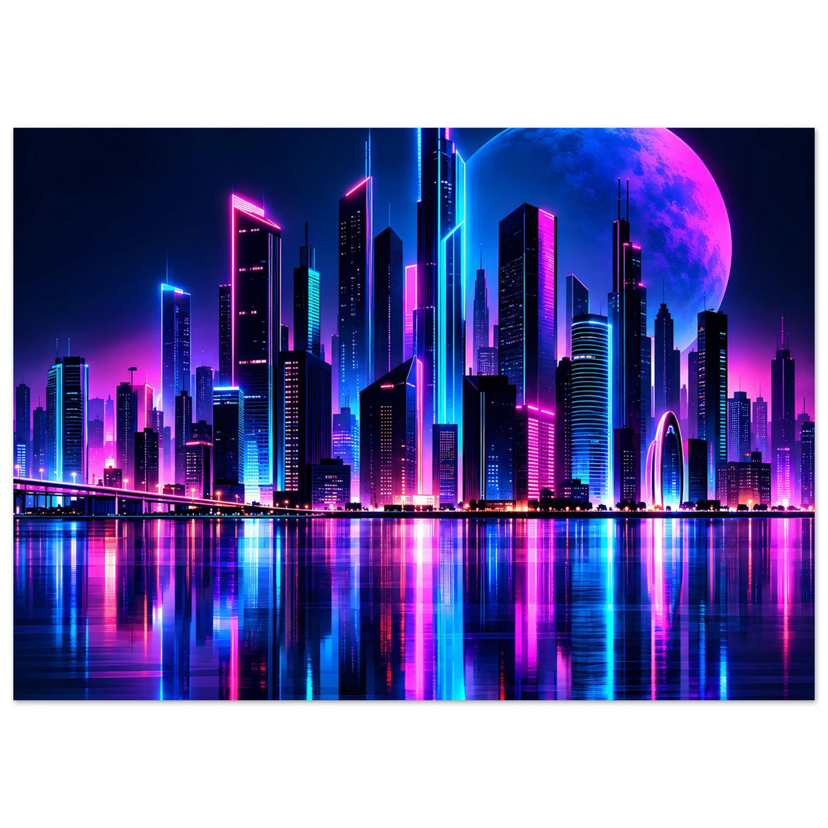 Neon-Stadtlandschafts-Poster mit futuristischer Skyline, blauem Mond und Neon-Reflexionen