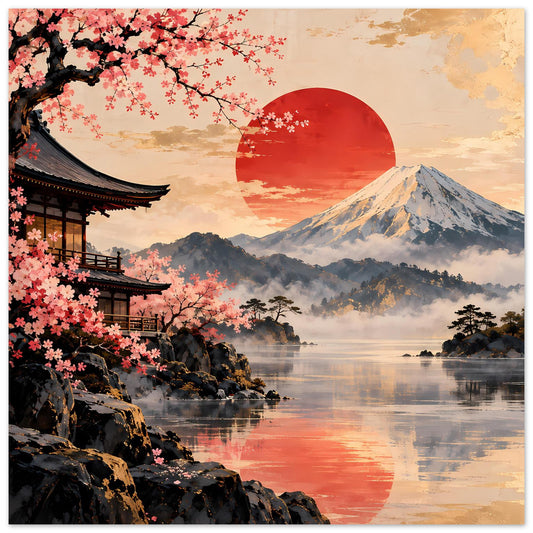 Poster im Quadratformat mit Kirschblüten, Tempel und Berg am ruhigen See