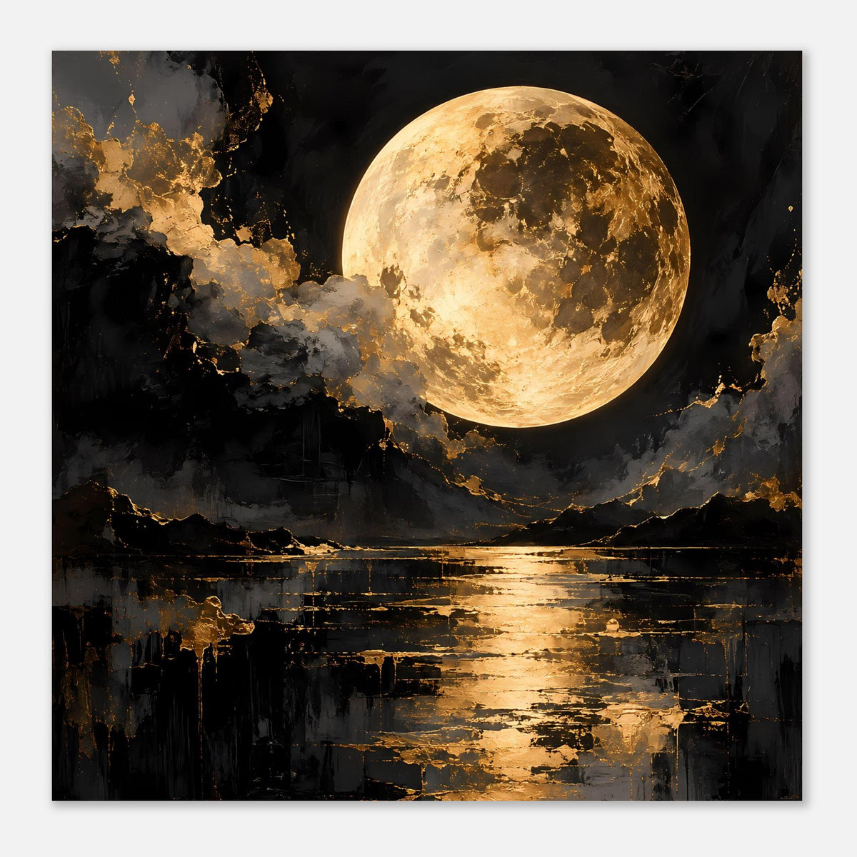 Rechteckiges Poster mit goldenem Mond, dunklem Hintergrund, goldenen Sprenkeln und Spiegelung