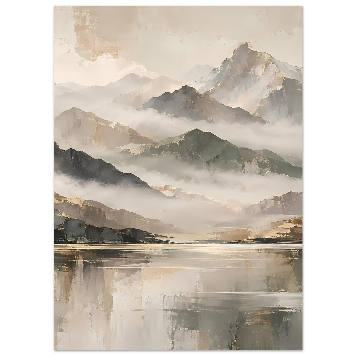 Naturposter mit dramatischen Bergspitzen im Nebel und ruhigem See, warme Beige- und Goldfarben
