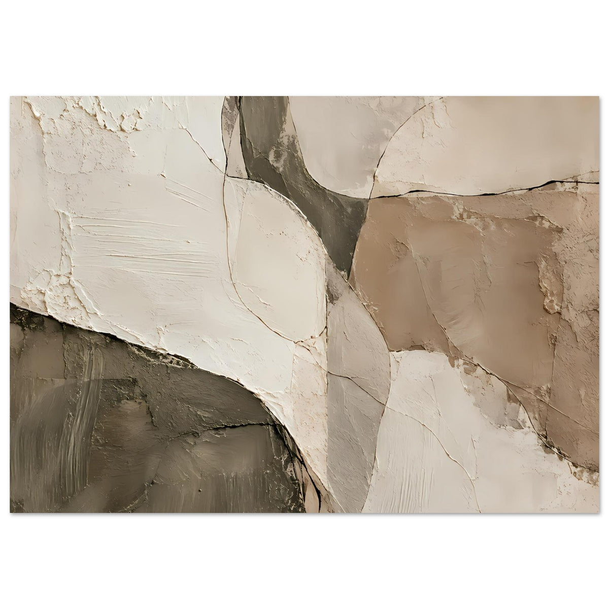 Querformatiges Kunst-Poster: abstrakte Putzstruktur mit feinen Linien in Creme und Dunkelgrau