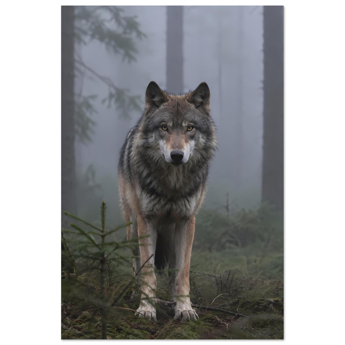 Wolfsplakat im Hochformat: grauer Wolf im Nebelwald mit Pflanzen im Vordergrund