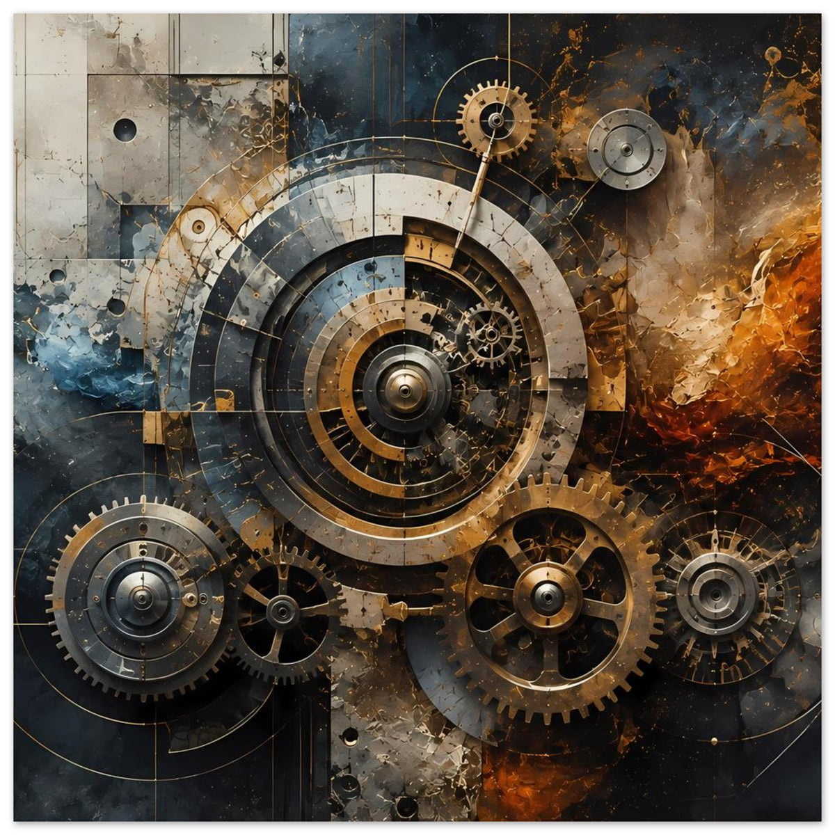 Steampunk-Zahnradposter mit großen Zahnrädern, zentraler Scheibe und warmen Metallflächen
