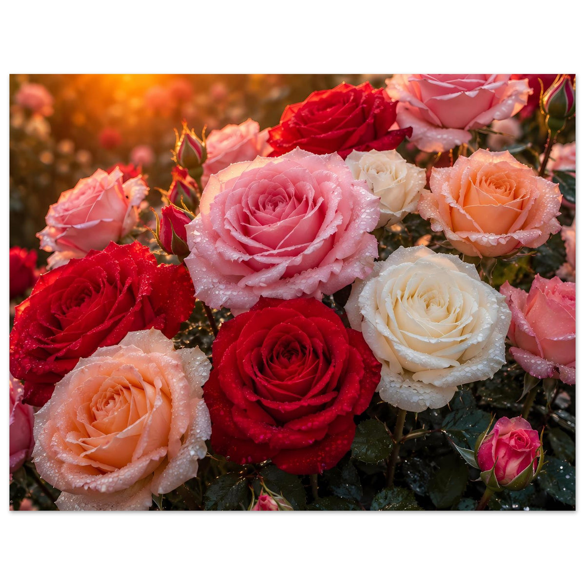 Rosenbild im Posterformat: Strauß aus roten, rosa, apricotfarbenen und weißen Rosen
