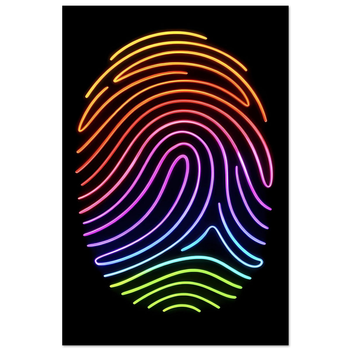 Regenbogen-Fingerabdruck-Poster mit leuchtenden Konturlinien von Gelb über Pink zu Blau und Grün auf Schwarz