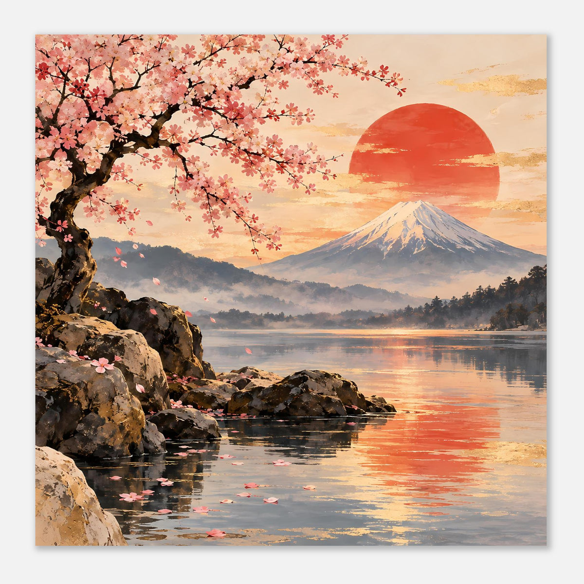 Wandposter im Quadrat-Schnitt: Kirschblüten, Mount Fuji, roter Halbmond über dem See