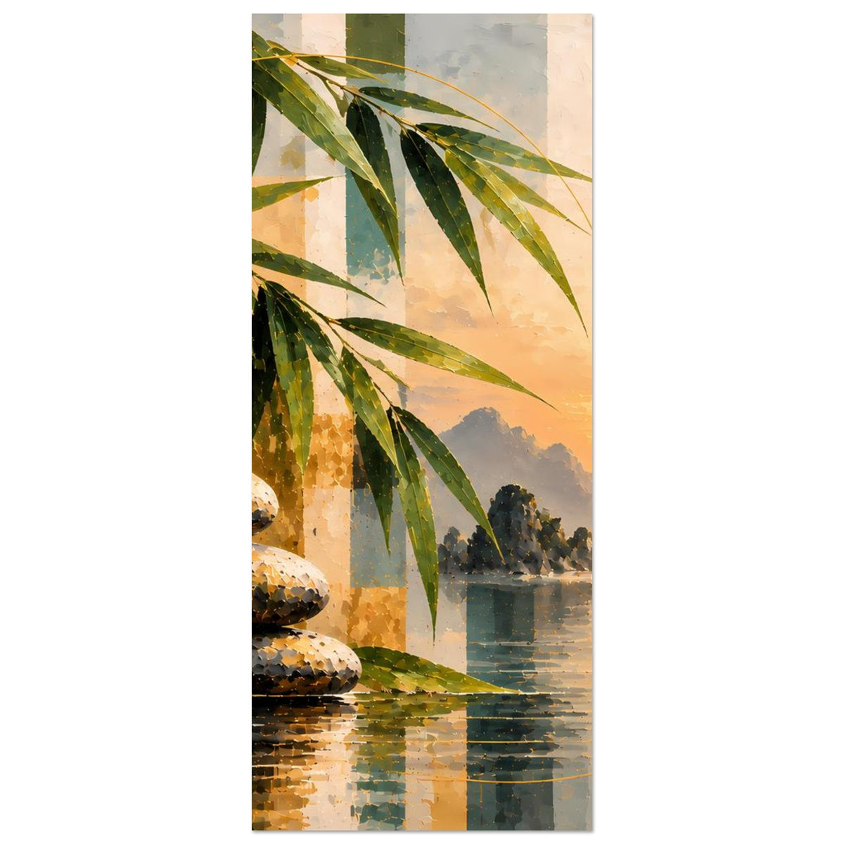 Deko-Poster, hochkant: Bambuszweige, gestapelte Steine, weiße Orchidee und Sonnenuntergang am Wasser