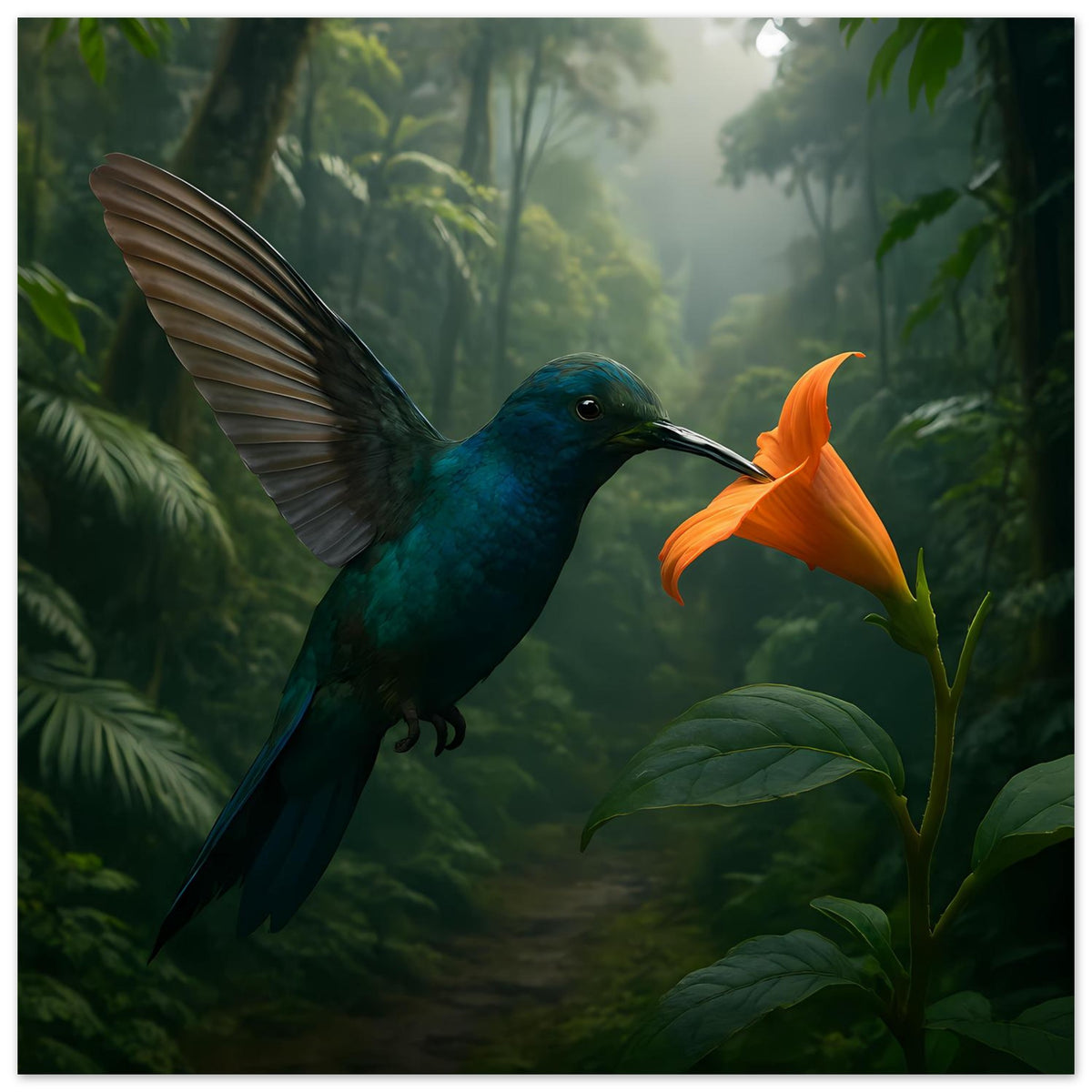 Kolibri-Dschungelposter: blauer Kolibri im Vordergrund, orangefarbene Blüte im grünen Hintergrund