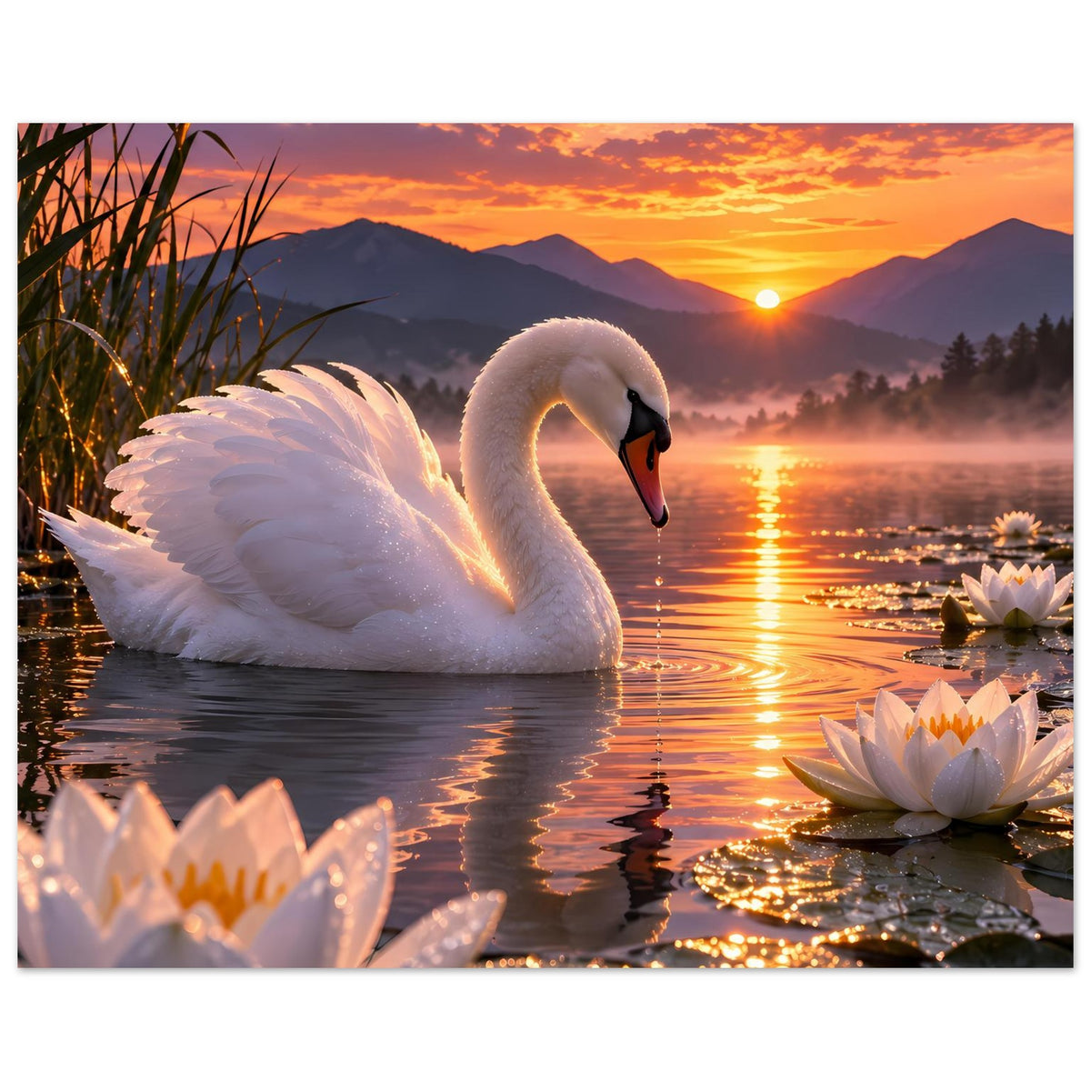 Poster mit weißem Schwan und Seerosen am Wasser, Blick in den Sonnenuntergang