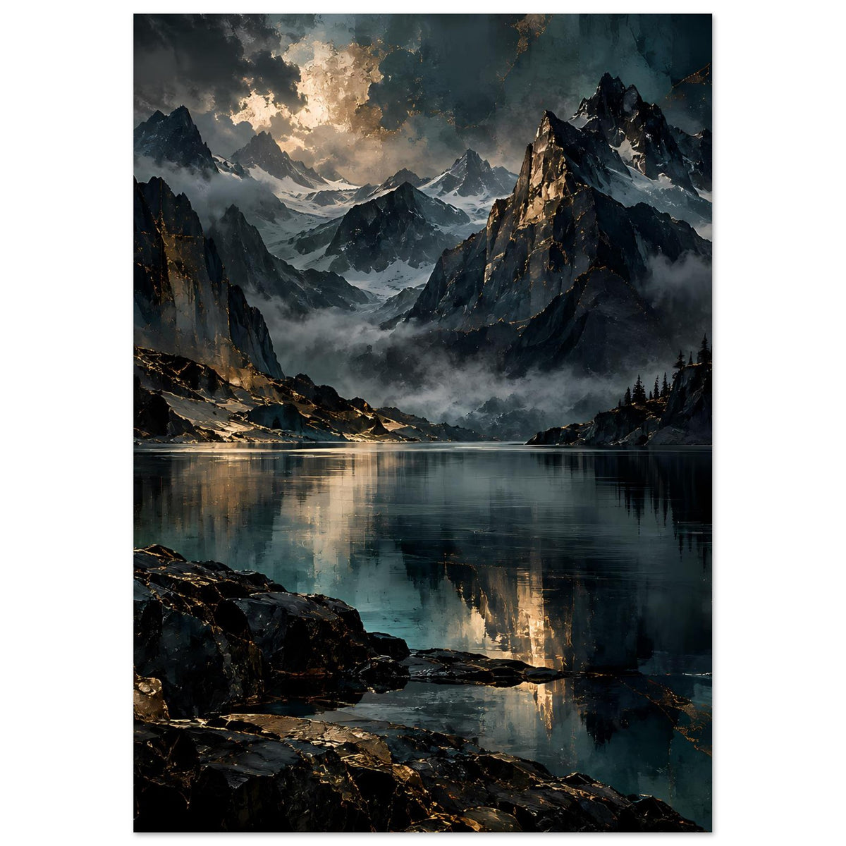 Poster mit Bergsee und zerklüfteten Gipfeln, stimmungsvolle Wolken und klare Wasserreflexion