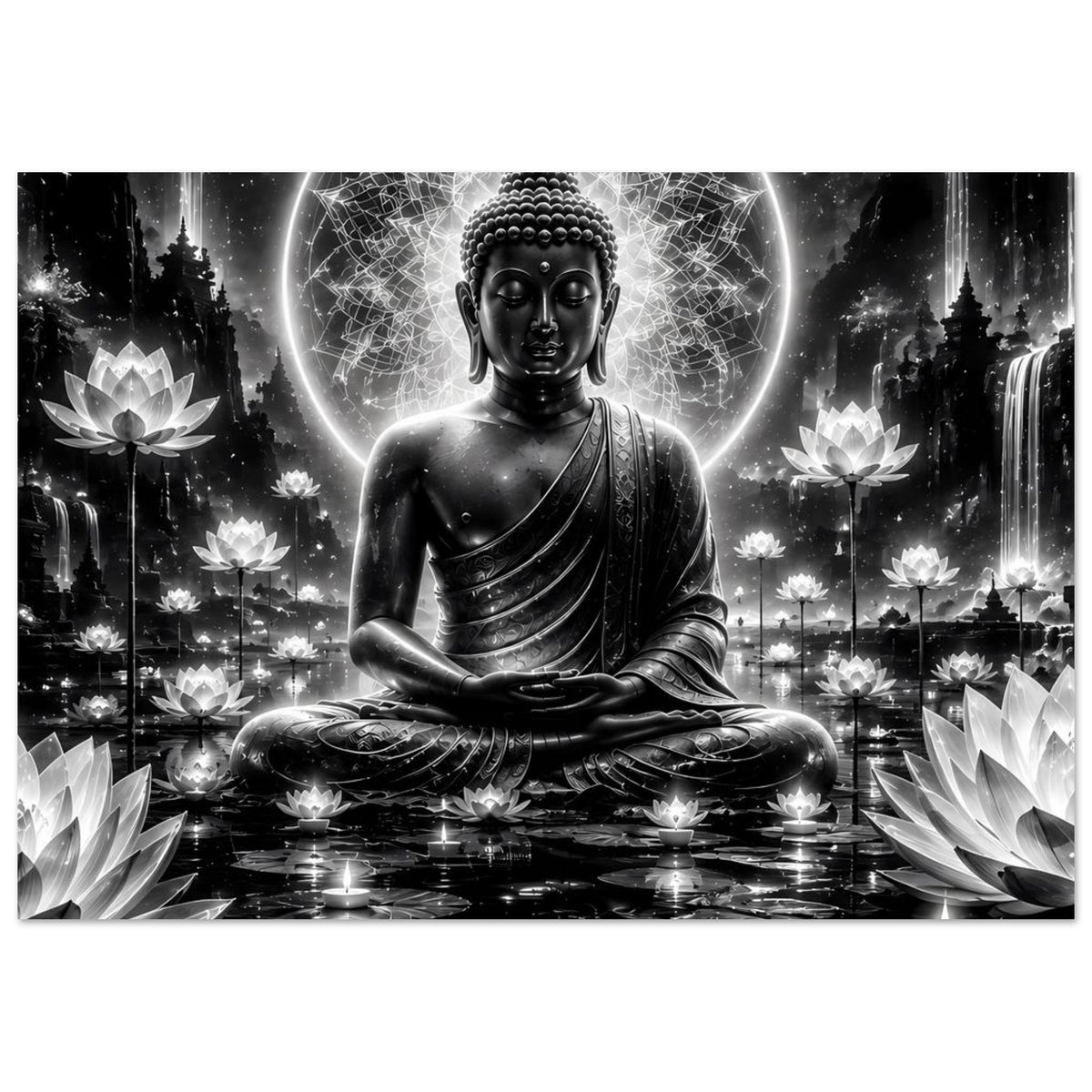 Horizontales Poster mit sitzendem Buddha, leuchtender Kreis-Aura, Lotusblüten und Mandala, schwarz