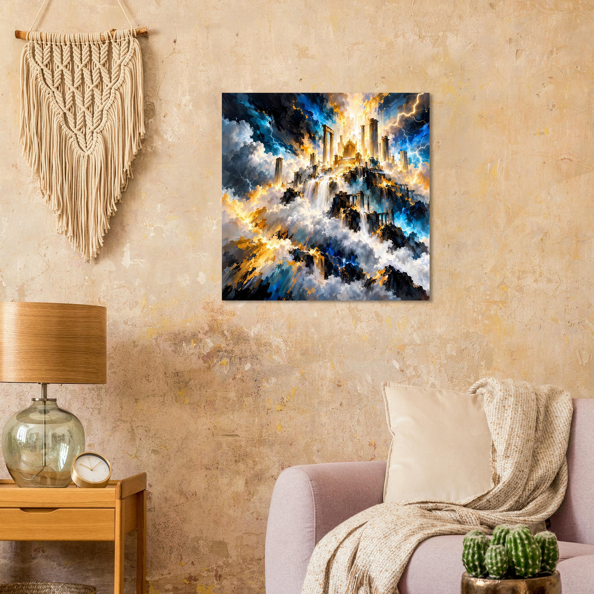 Quadratisches Fantasy-Poster mit schwarzem Rahmen, leuchtende Stadtlandschaft in Blau und Gold