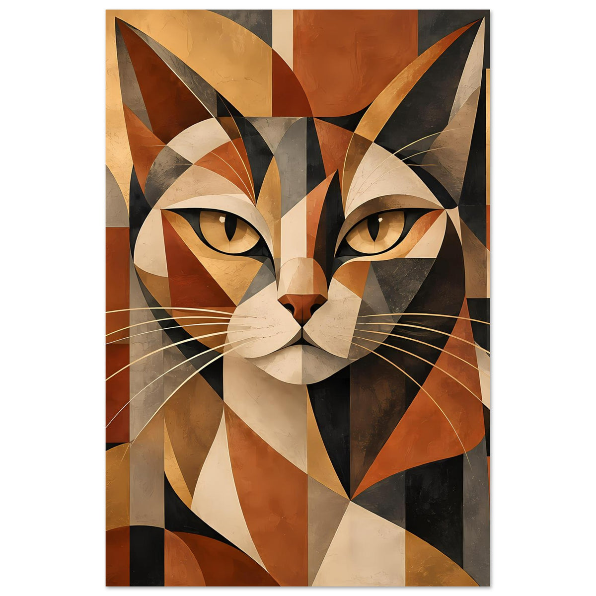 Geometrisches Katzenporträt-Poster, vertikale Ausrichtung, erdige Farben und klare Augen