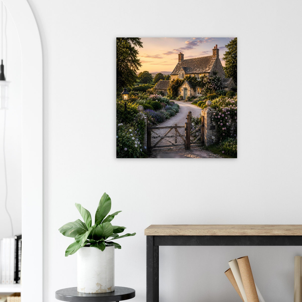 Gerahmtes Poster mit Landhaus im Garten, beleuchtetem Weg und Blumenrabatten