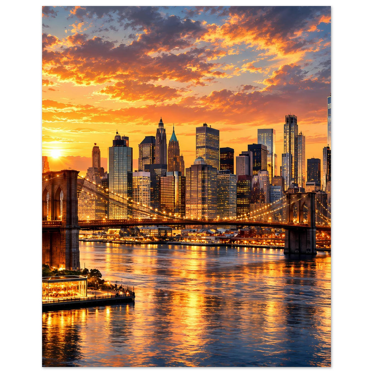 Poster mit New-York-City-Skyline im Sonnenuntergang, Skyline mittig und Fluss unten