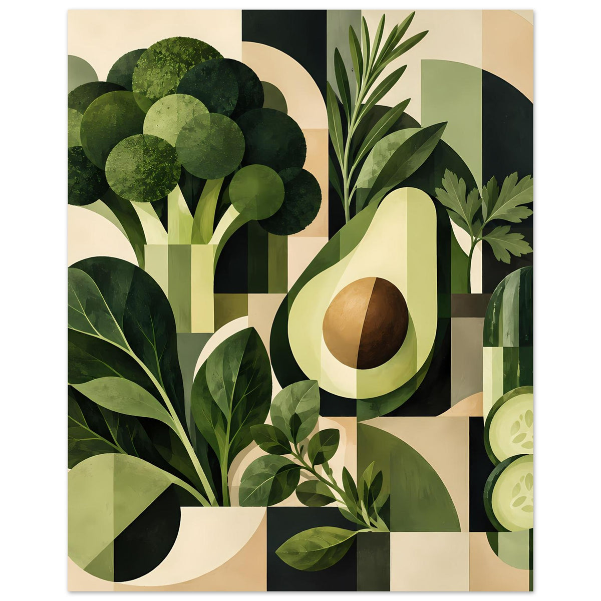 Geometrisches Poster mit grünen Gemüseformen: Avocado, Kräuter und Blätter (hochformat).