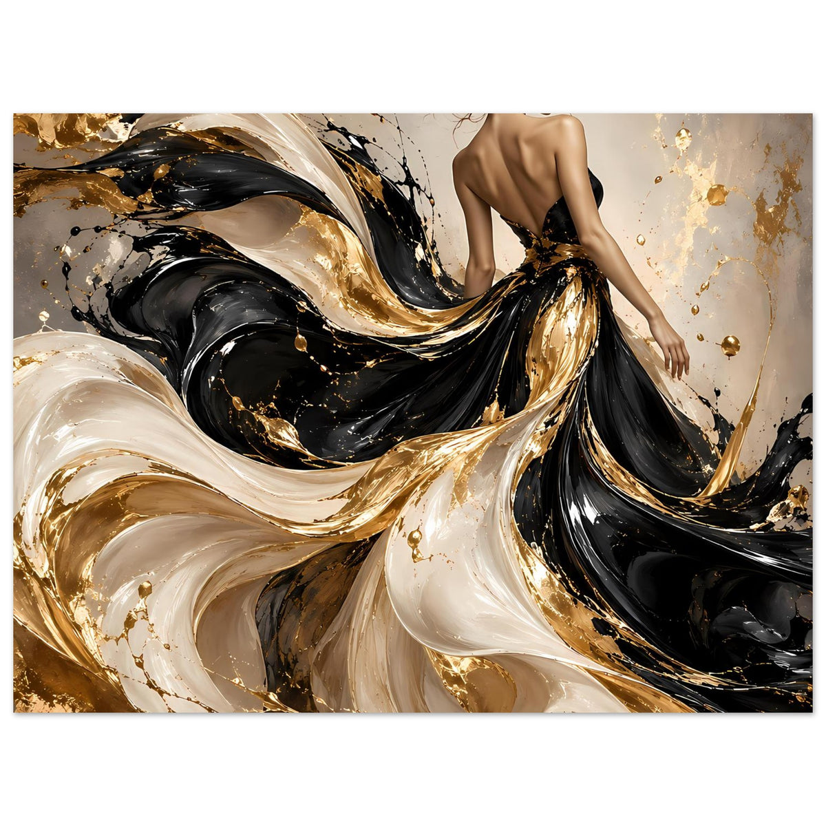 Kunstposter, größerer Bildausschnitt: abstrakter Schwarz-Gold-Wirbel, Rückenfigur teilweise