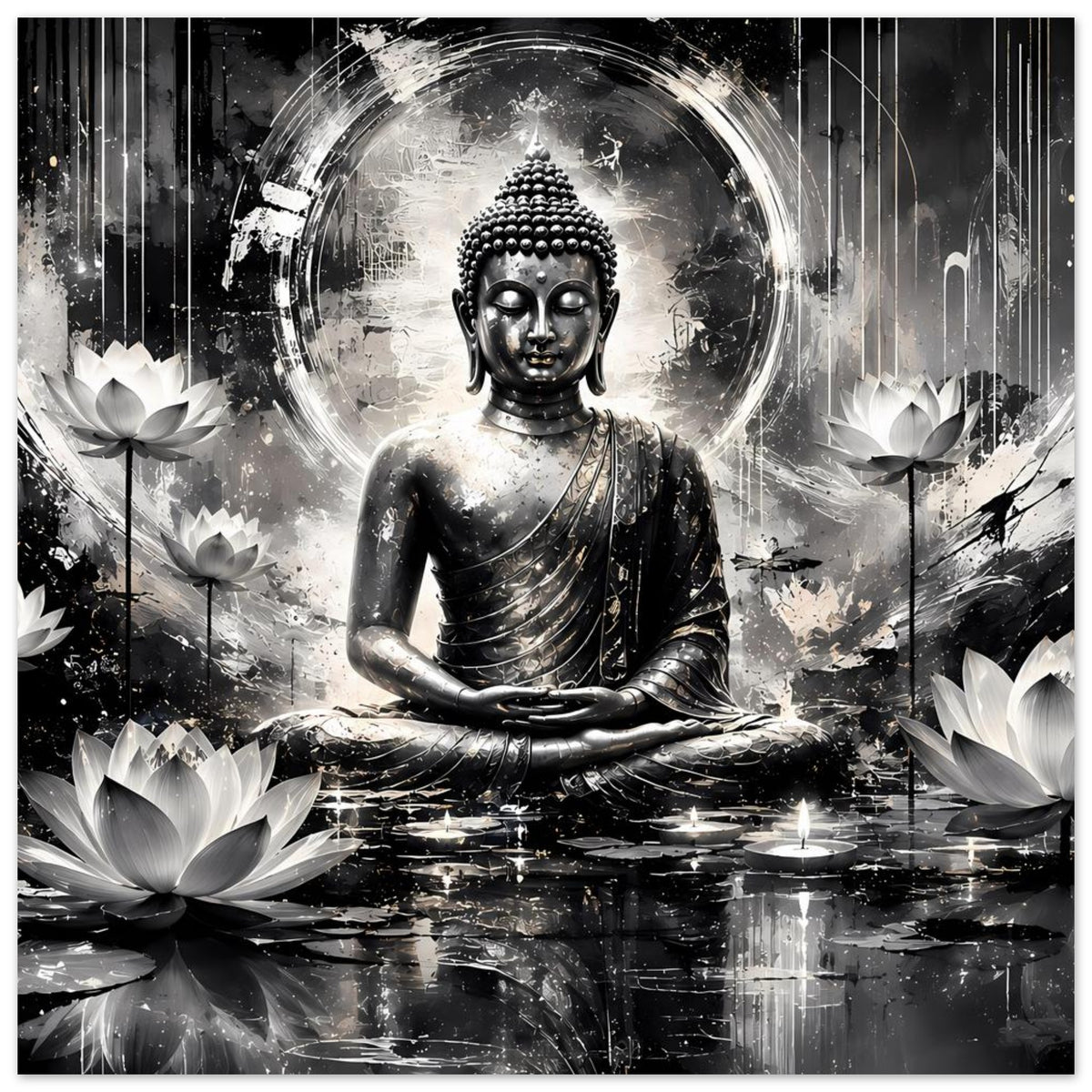 Vertikales Poster mit Buddha-Skulptur in Schwarzweiß, runder Lichtaura, Lotus und Schimmerwasser