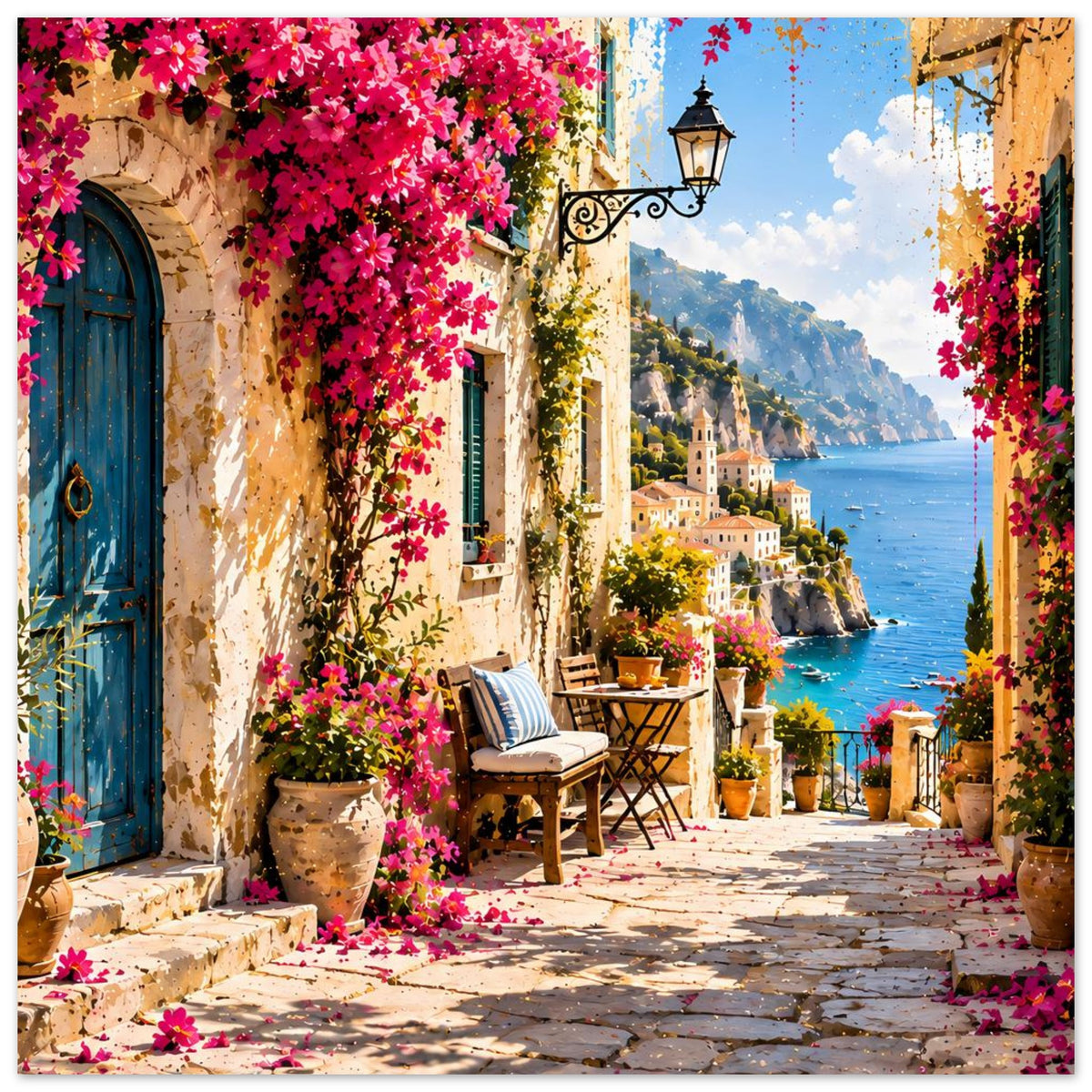 Postermotiv: mediterrane Treppe und Terrasse mit pinken Blumen, blauer Tür, Meer