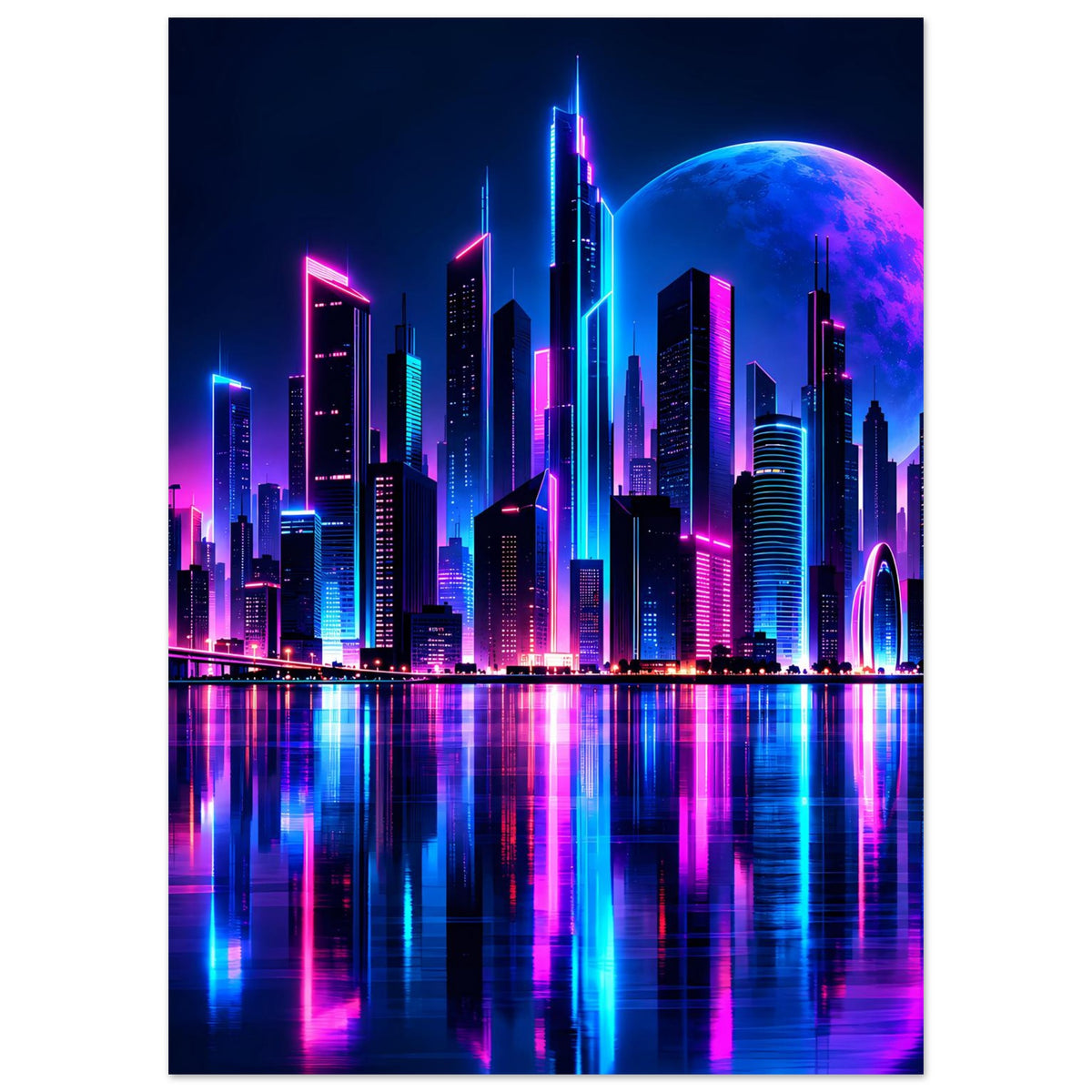 Neon-Stadtposter im Hochformat mit futuristischer Skyline in Blau/Pink und Spiegelung im Wasser