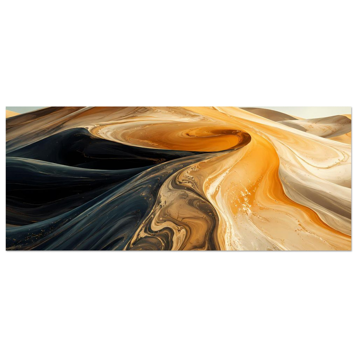 Abstraktes Wüstenwellen-Poster im Querformat: Nahansicht goldener Sandwirbel und dunkle Schatten