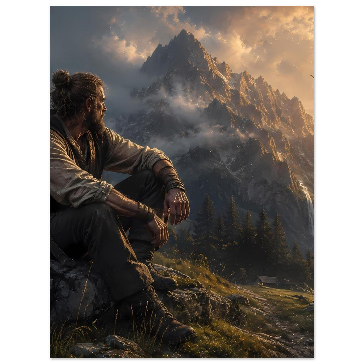 Horizontales Poster: Mann kniet auf Felsen im Gebirge, Bergspitzen im Sonnenuntergang