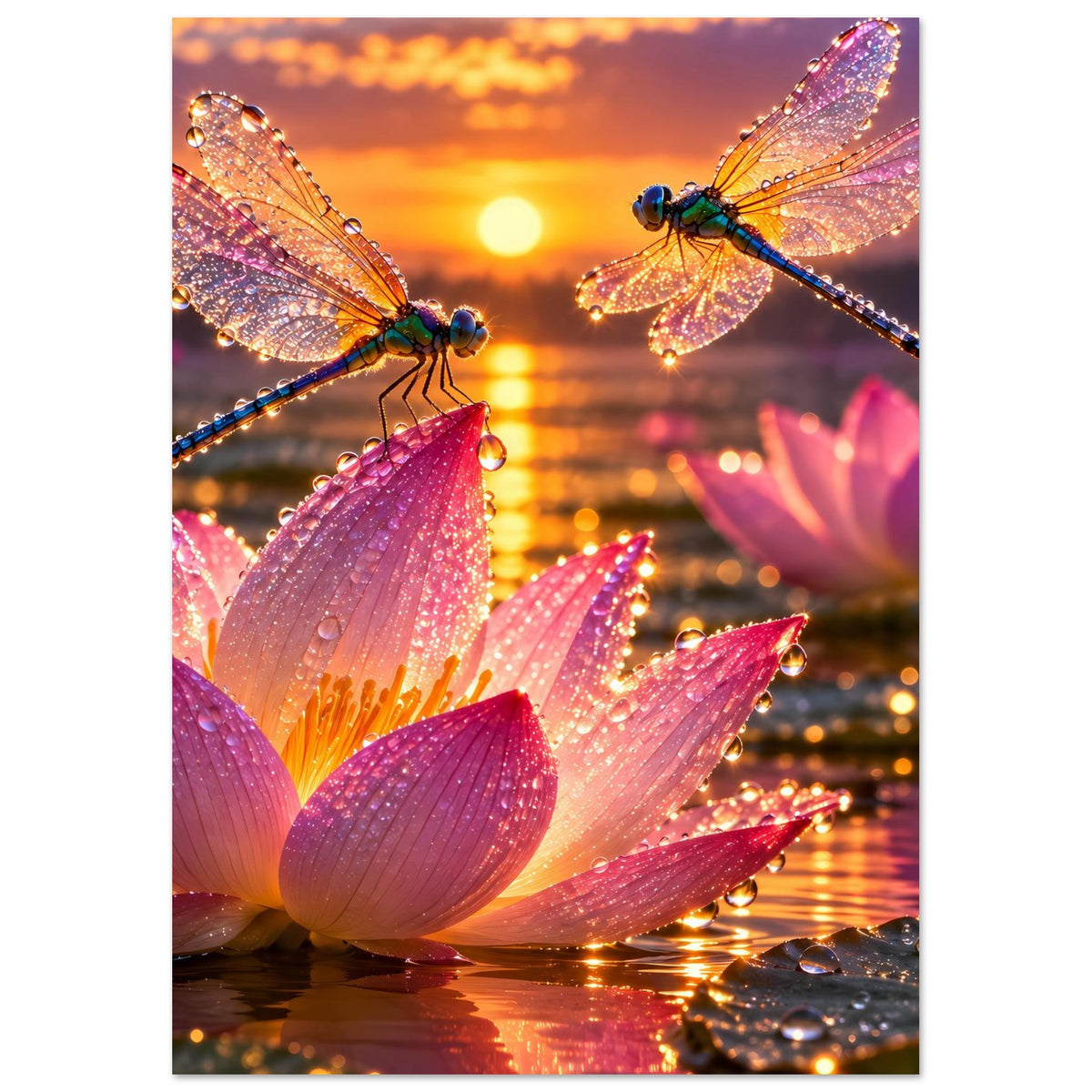 Poster mit schimmernden Libellen über rosa Lotusblüten im warmen Abendlicht