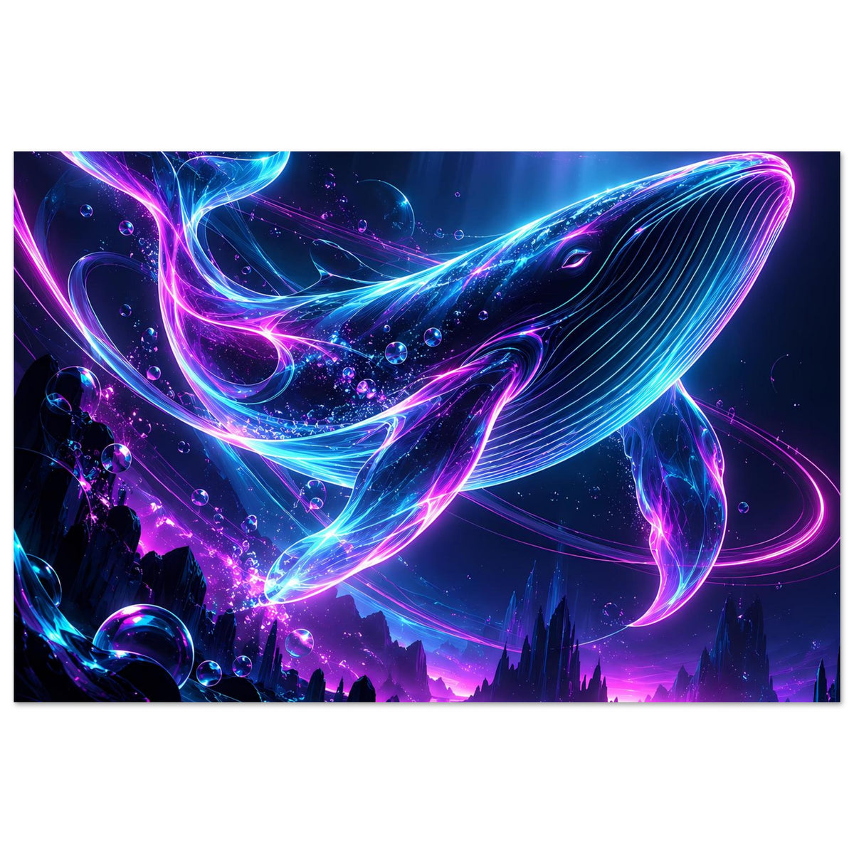 Neon-Wal Poster im Panoramaformat, leuchtender Wal in Blau und Pink