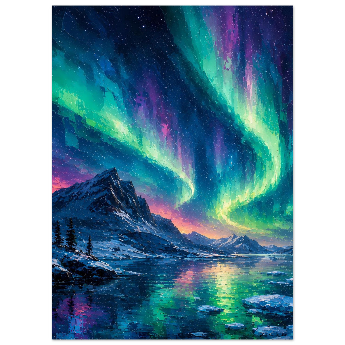 Kunstposter mit Nordlicht über winterlichen Bergen, Sterne am dunklen Himmel
