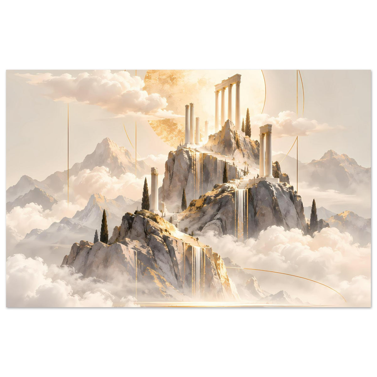 Poster im Querformat mit goldenem Sonnenkreis, Säulenruine, Felsen und weißen Wolken
