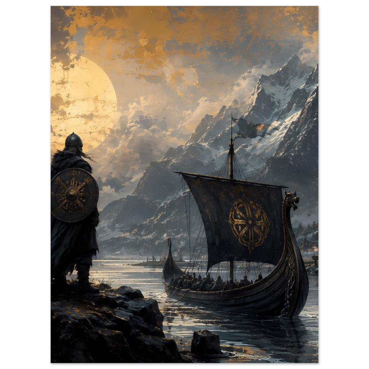 Poster mit Vikingkrieger und Segelschiff, felsiges Ufer und hohe Bergkulisse