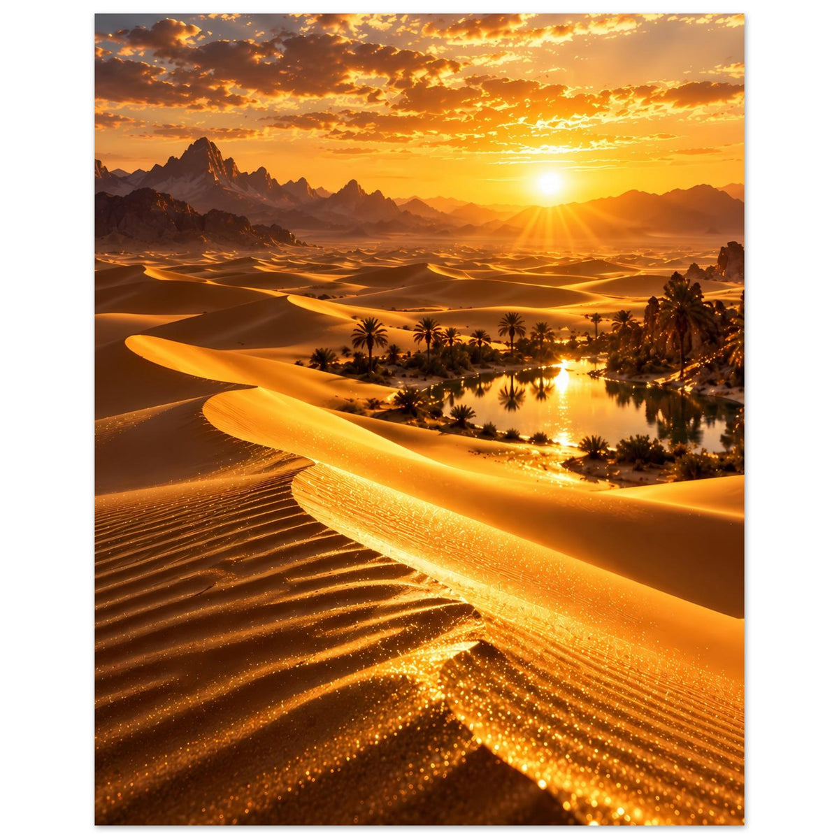 Poster mit Wüstendünen und Palmen an einer schimmernden Wasserstelle im Abendlicht