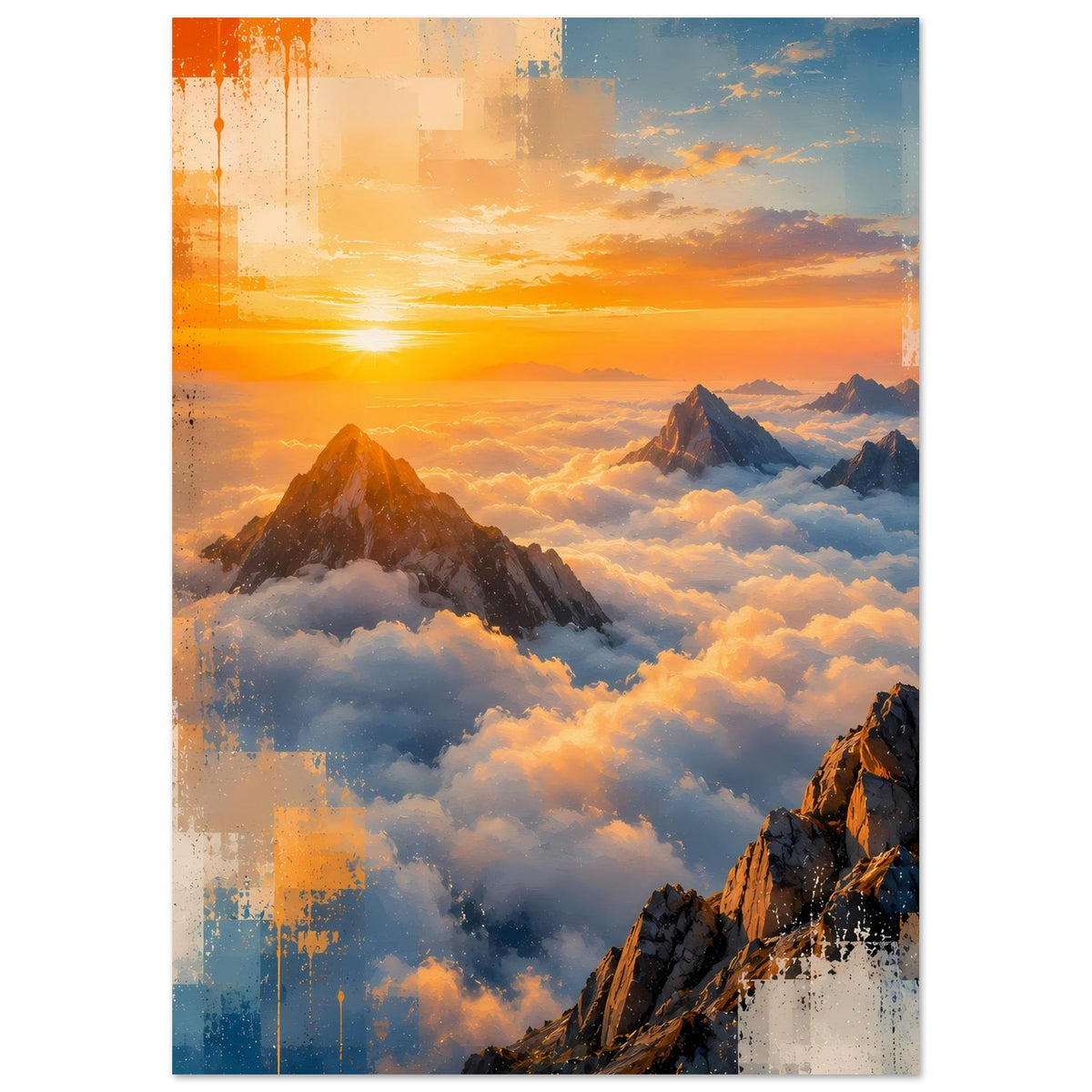 Vertikales Poster mit orangeblauem Himmel, Sonnenball, Bergen und dichter Wolkendecke