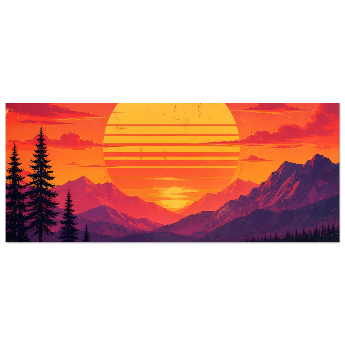 Querformat-Poster mit gelber Kreis-Sonne über Bergen, See und dunklen Tannen, Orange-Violett