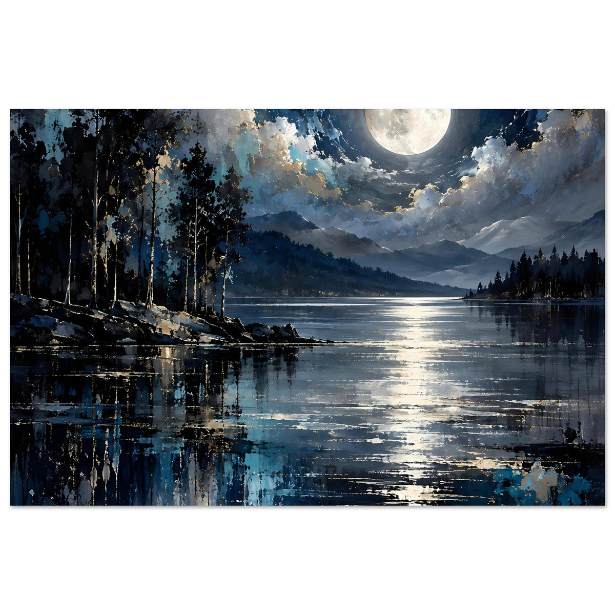 Landschaftsposter mit großem Vollmond über ruhigem See, Spiegelung, Tannenwald und Berge