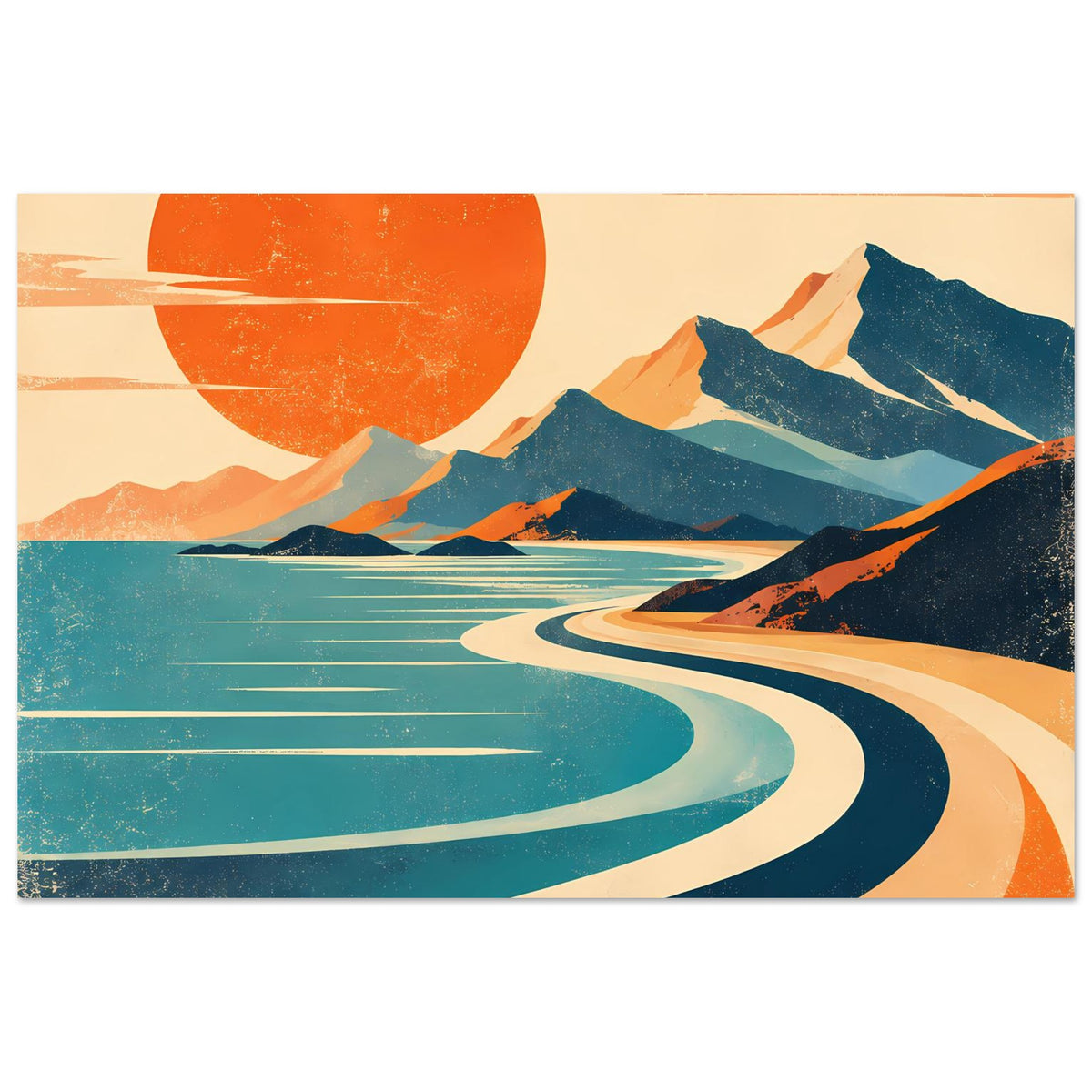 Vintage-Poster mit orangefarbener Sonne, blauem Gebirge und türkisfarbenem Gewässer