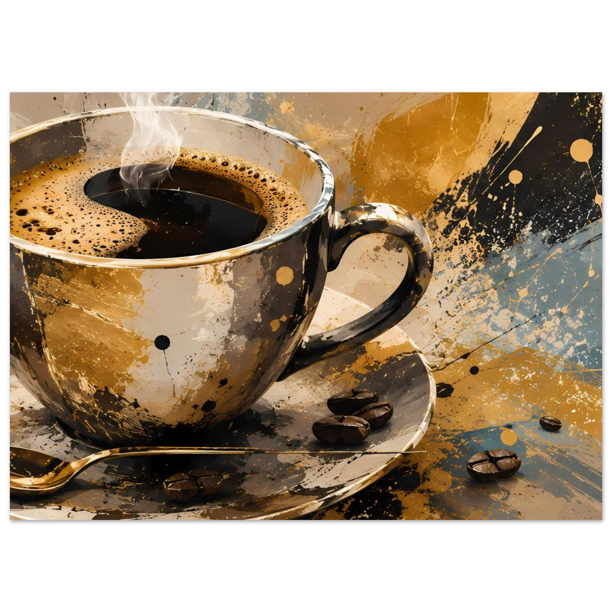 Kunstposter mit Kaffeetasse, Dampf und Untertasse; Kaffeebohnen und abstrakte Farbspritzer im Motiv
