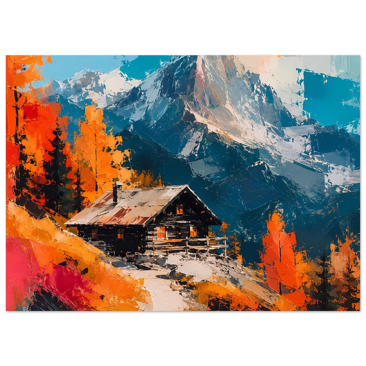 Wandposter mit Alpenhütte im Vordergrund, kräftige Blau- und Orangetöne, Berglandschaft