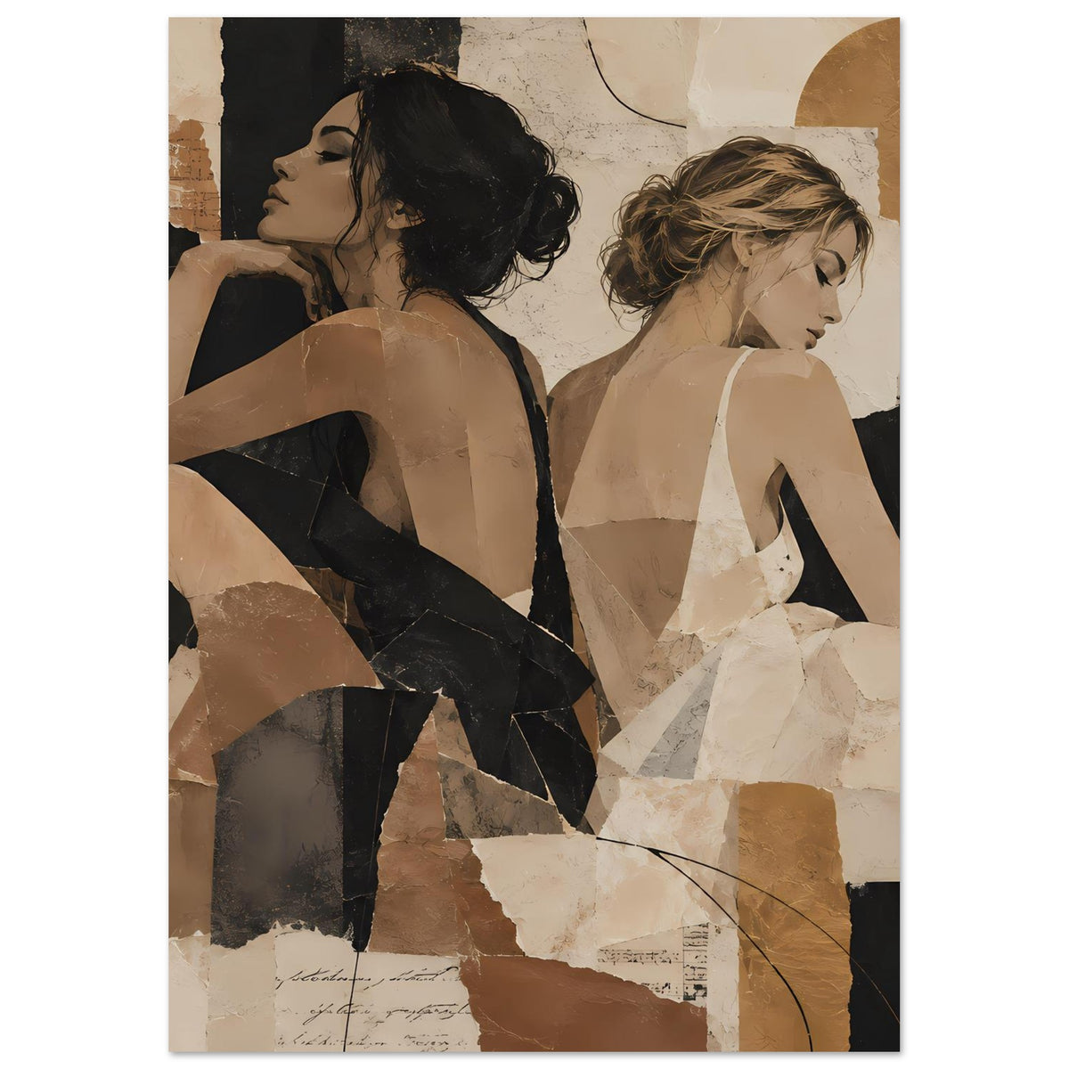 Collage-Poster mit Frauen-Duo, Schwarz und Creme in warmen Erdtönen, abstrakt
