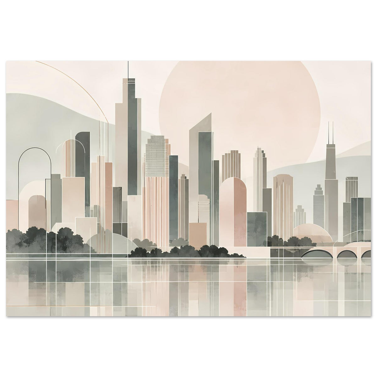 Stadtposter mit Skyline und Wasserreflexion, großes kreisförmiges Lichtmotiv im Hintergrund