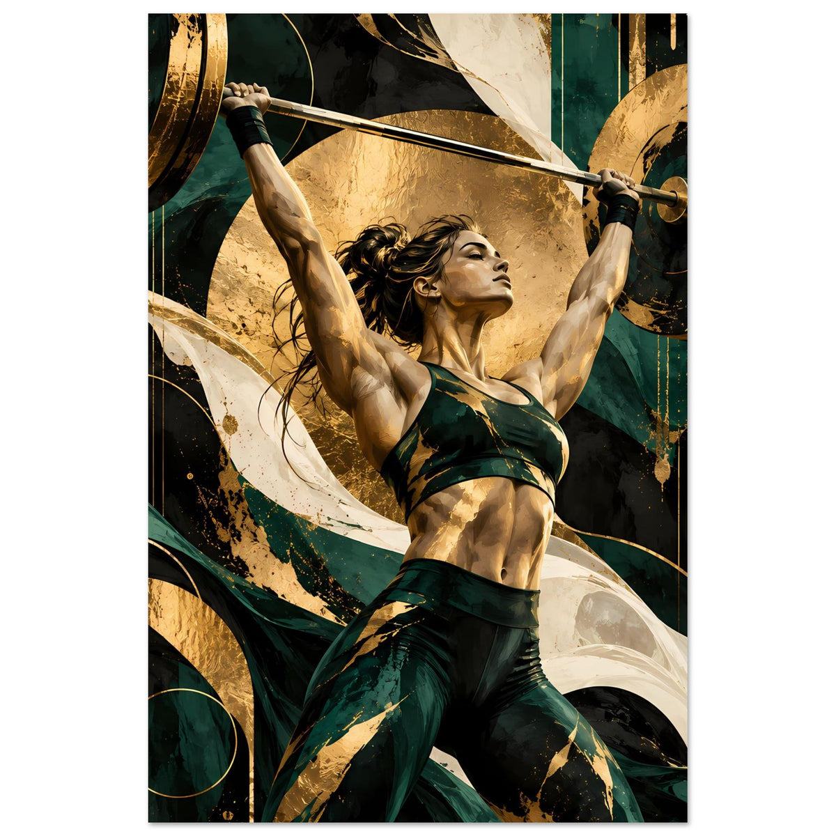 Hochformatiges Poster: Athletin hebt eine Hantelstange über Kopf, gold-schimmernde Elemente, grün.