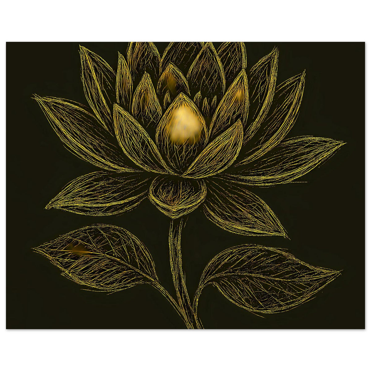 Querformat-Poster mit goldener Lotusblüte, feine Linienzeichnung auf tiefschwarzem Hintergrund