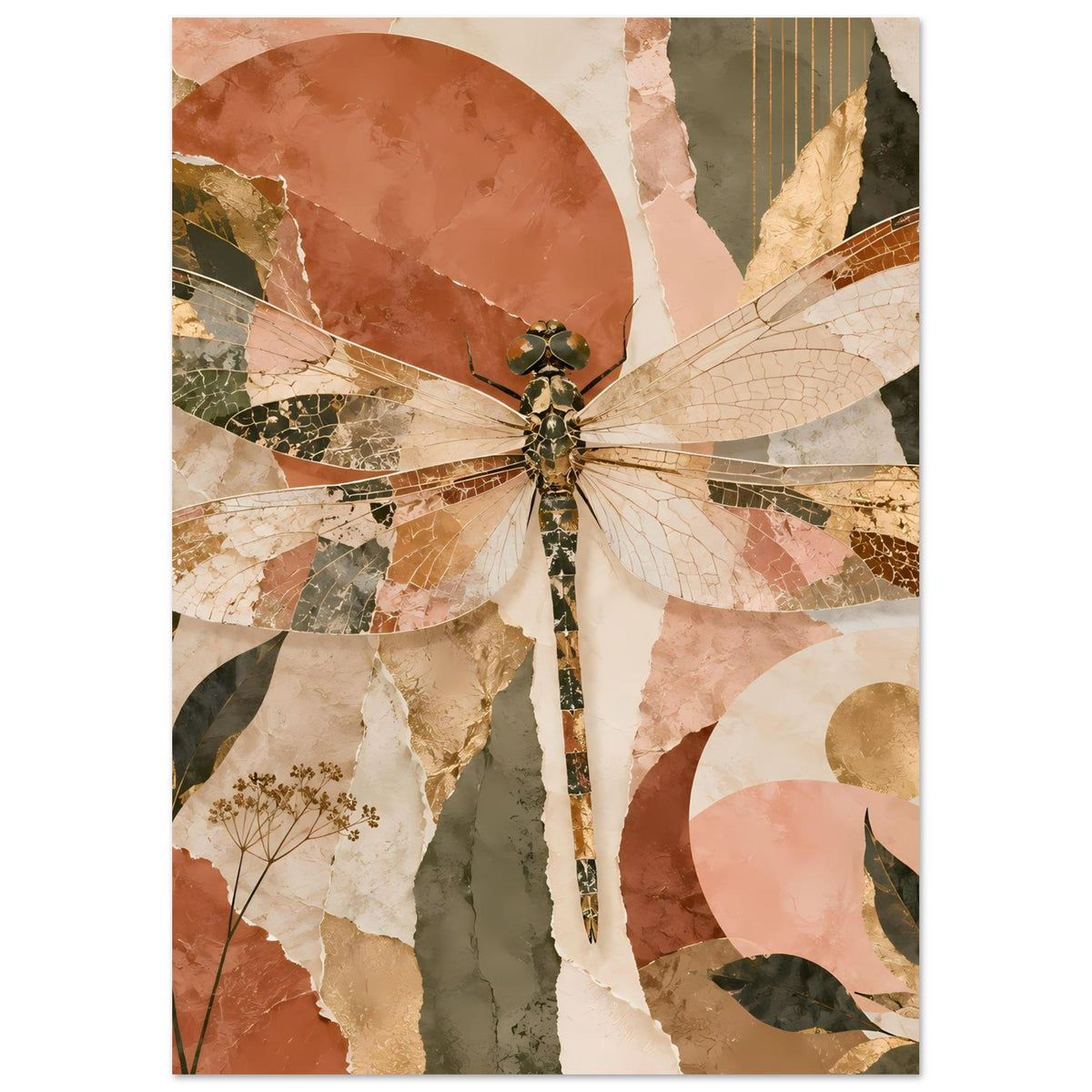 Libellen-Poster im Boho-Stil, hochformat: zentrierte Libelle mit Blättern und Kreismotiven