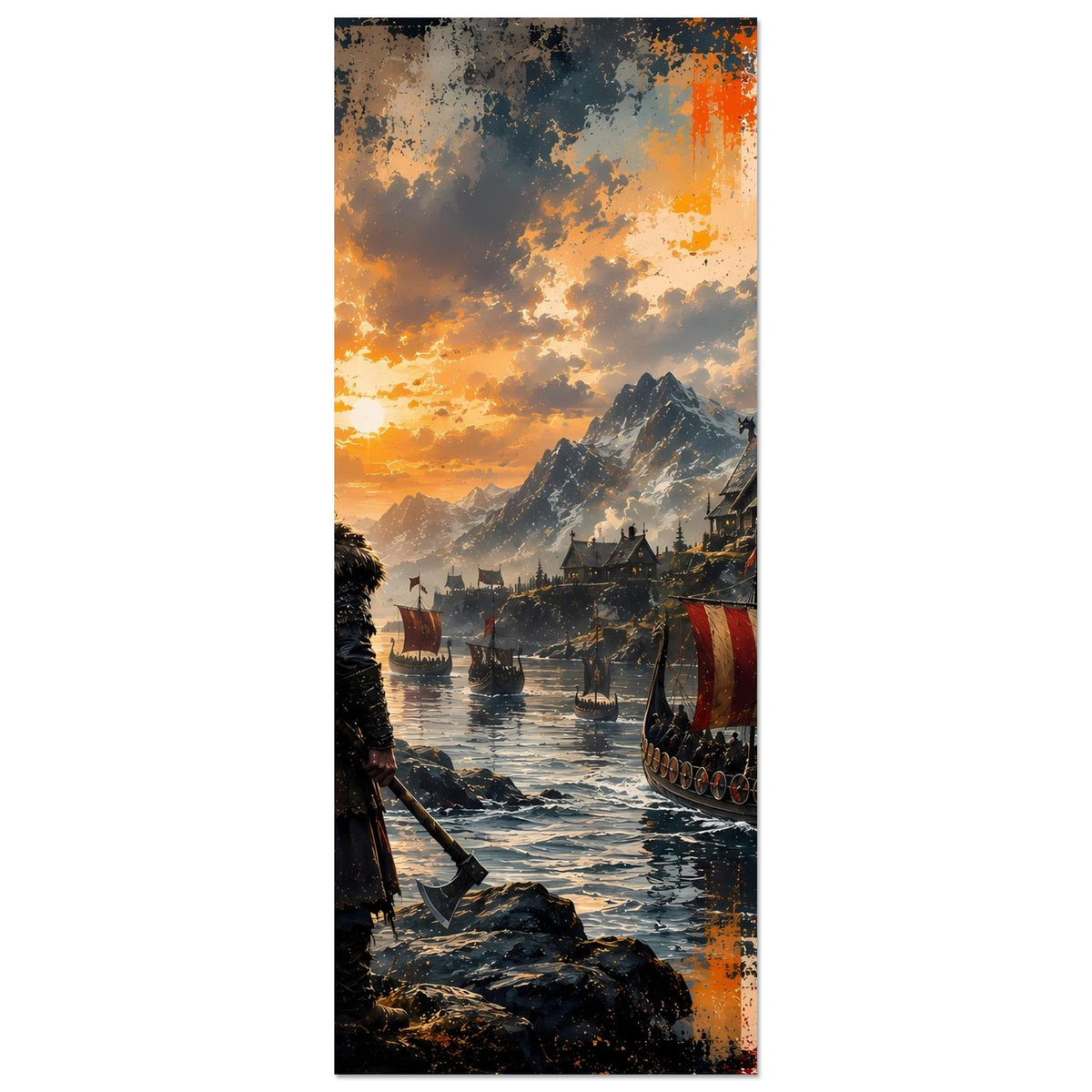 Wikinger-Saga-Poster-Ausschnitt: Abendhimmel, Berge und rot gestreiftes Langboot am Wasser