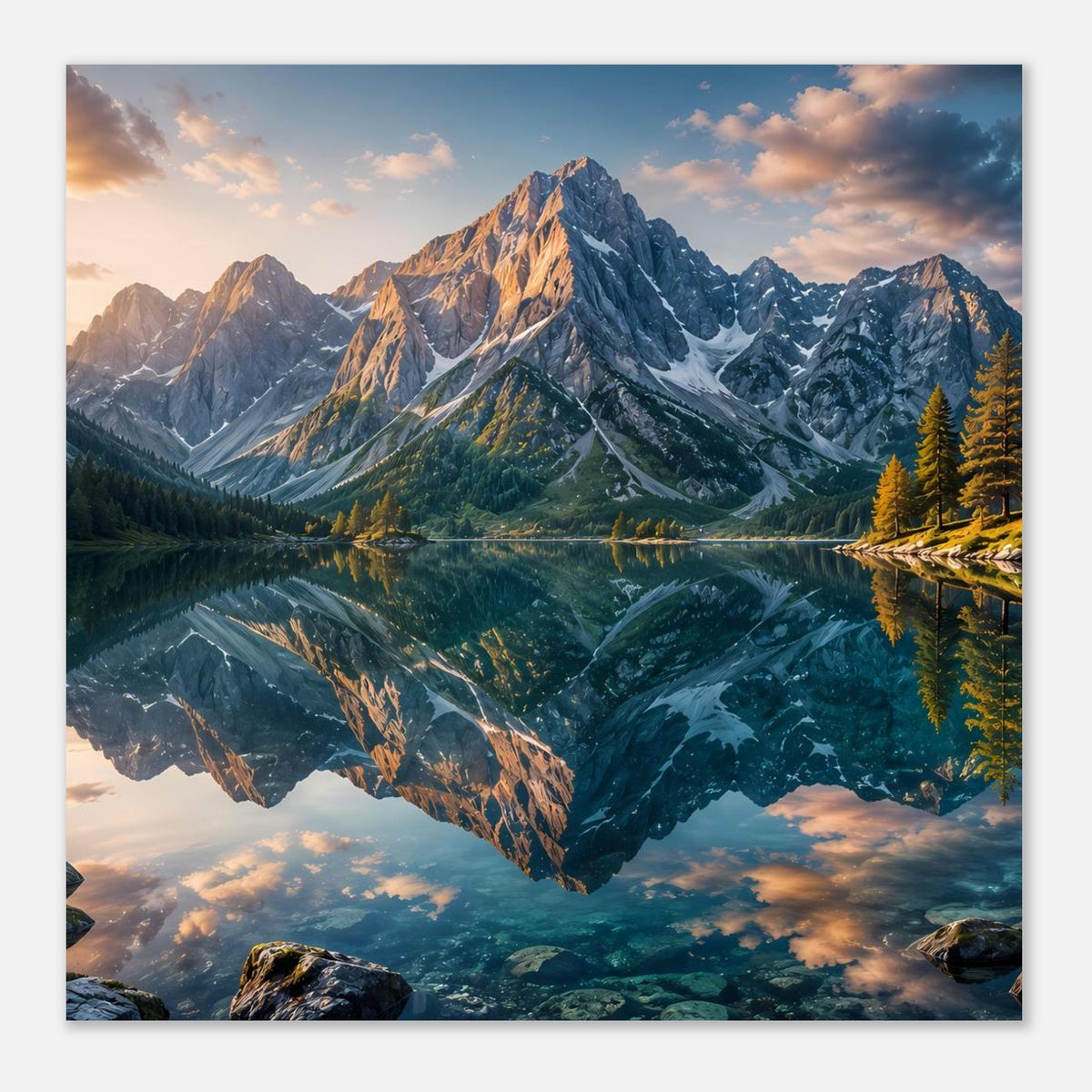 Poster mit Bergpanorama und spiegelndem Wasser, Nadelbäume rechts im Sonnenlicht