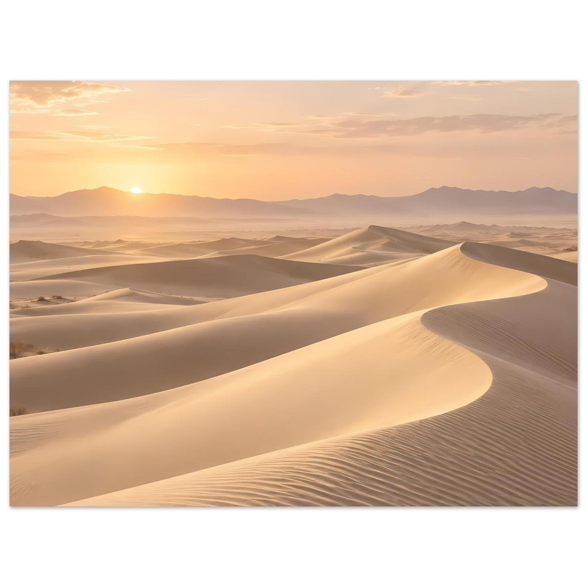 Poster im Hochformat mit hellen Sanddünen und warmer Sonne am Horizont