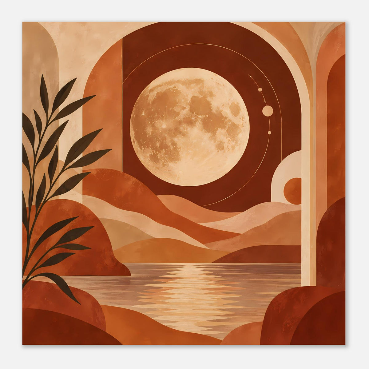Boho-Poster mit Vollmondscheibe, geschwungenen Linien, Wüstenhügeln und Oasenwasser