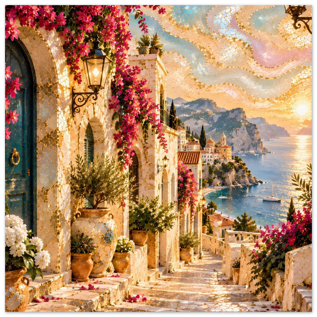 Mediterraner Poster: Hängende Blüten am Gebäude, Laternen, Häuser am Wasser und Abendsonne