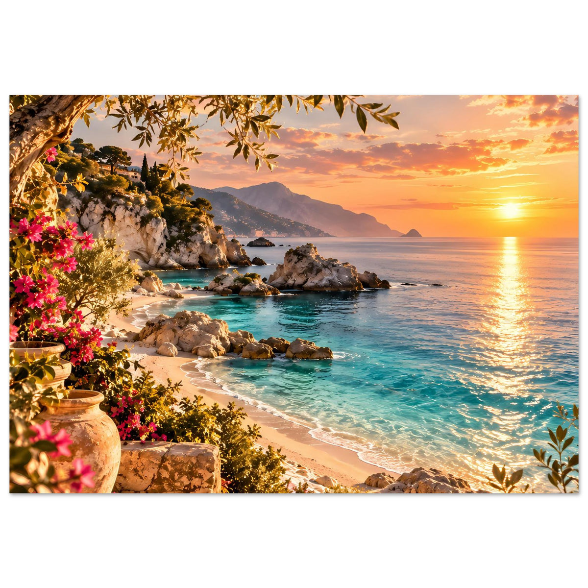 Querformat-Strandposter mit Küste aus Felsen, türkisfarbenem Wasser und goldenem Sonnenuntergang